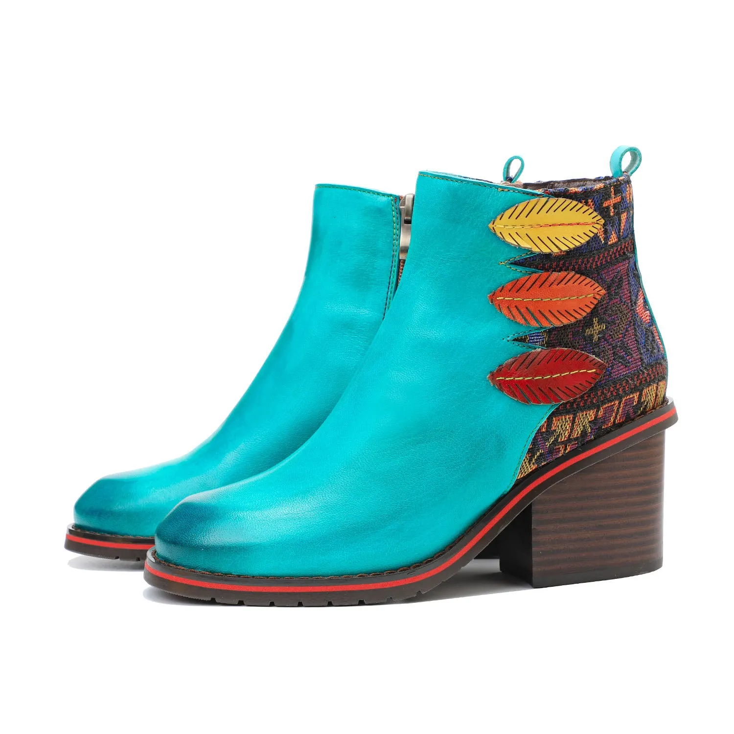 Retro Leaf Leather Comfort Block Heel Booties sold by superladystar