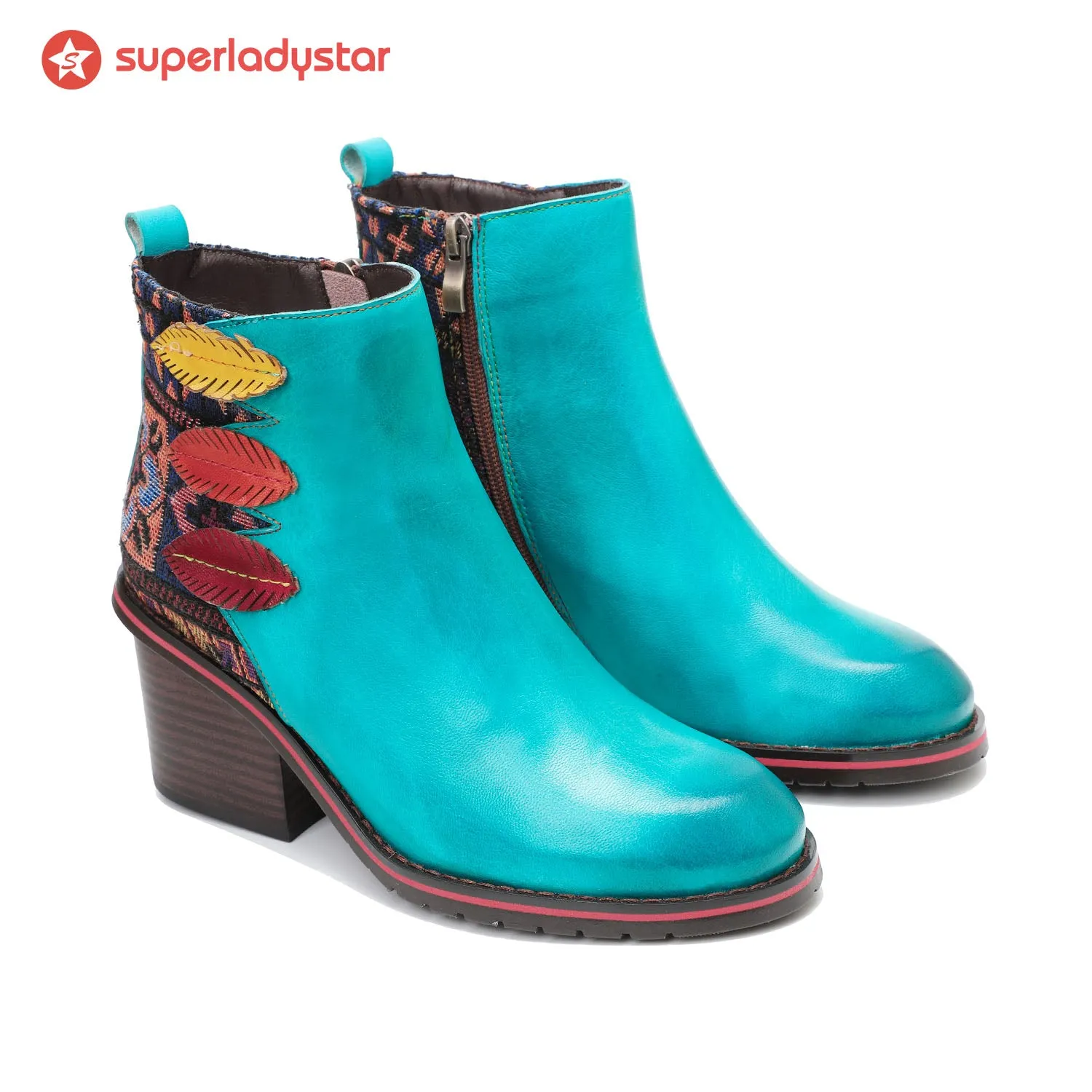 Retro Leaf Leather Comfort Block Heel Booties sold by superladystar product image thumbnail 4