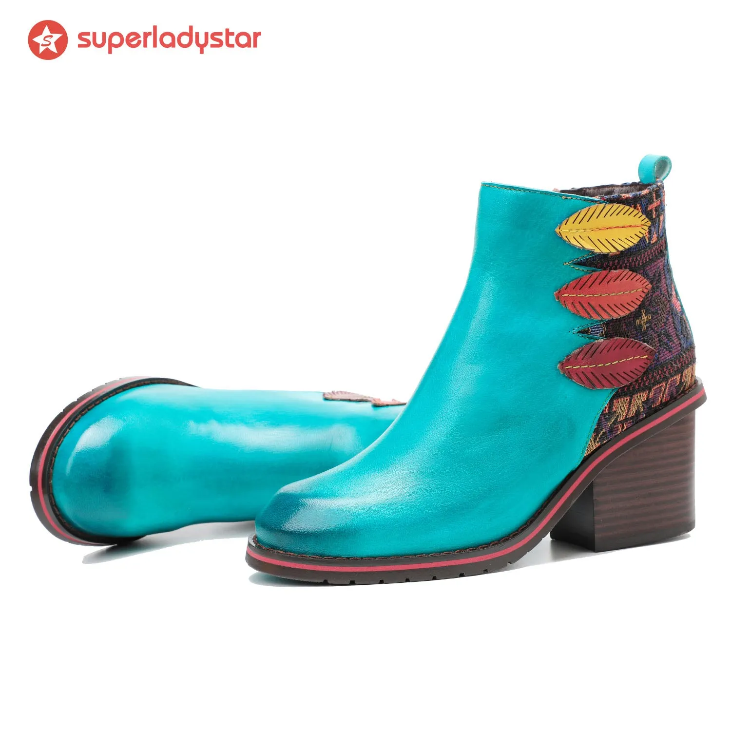 Retro Leaf Leather Comfort Block Heel Booties sold by superladystar product image thumbnail 2