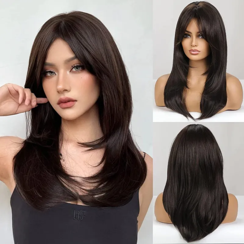 Rich Brown High-Temperature Synthetic Eight-Bangs Wig sold by superladystar