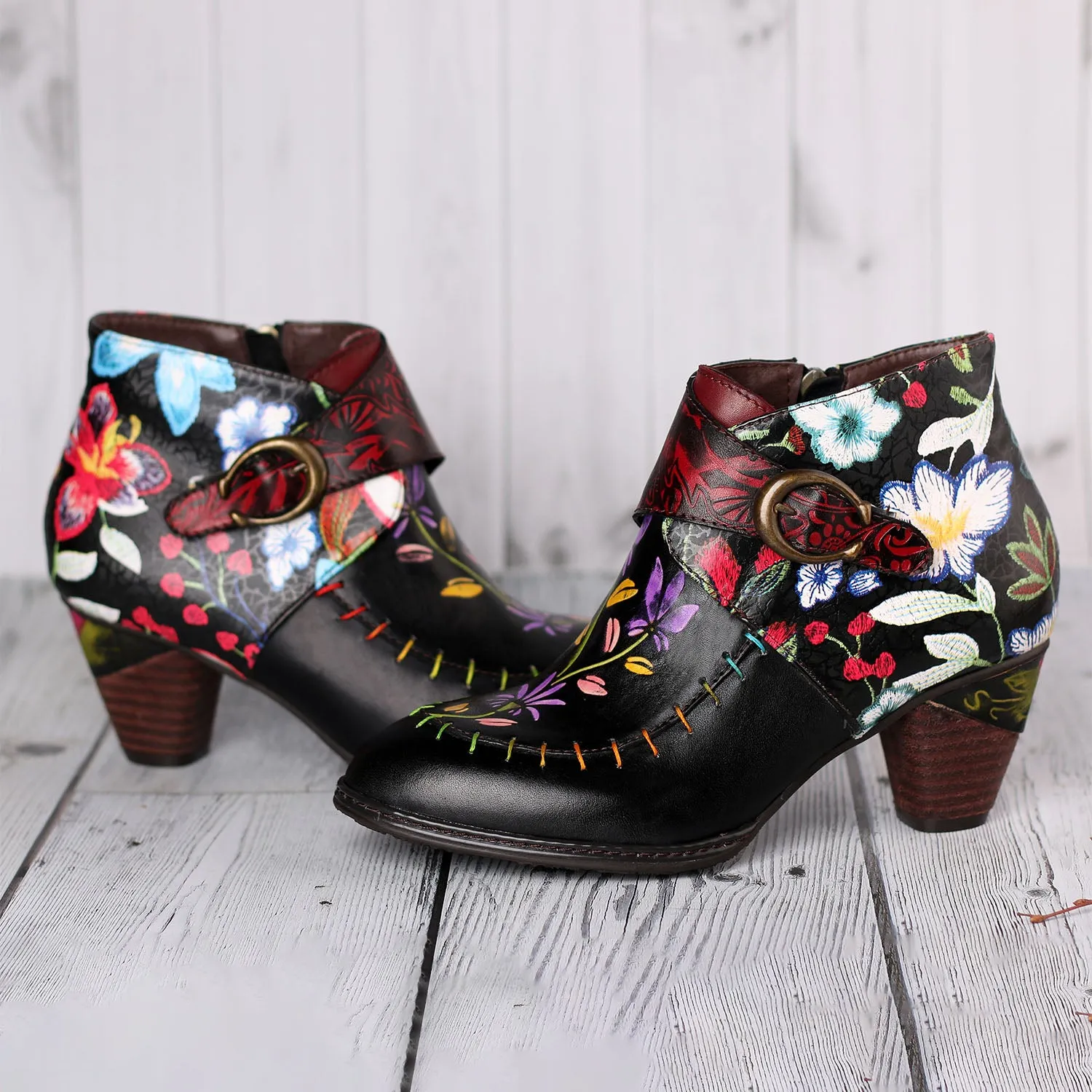 Handmade Painted Flower Genuine Leather Elegant Ankle Boots sold by superladystar product image thumbnail 2