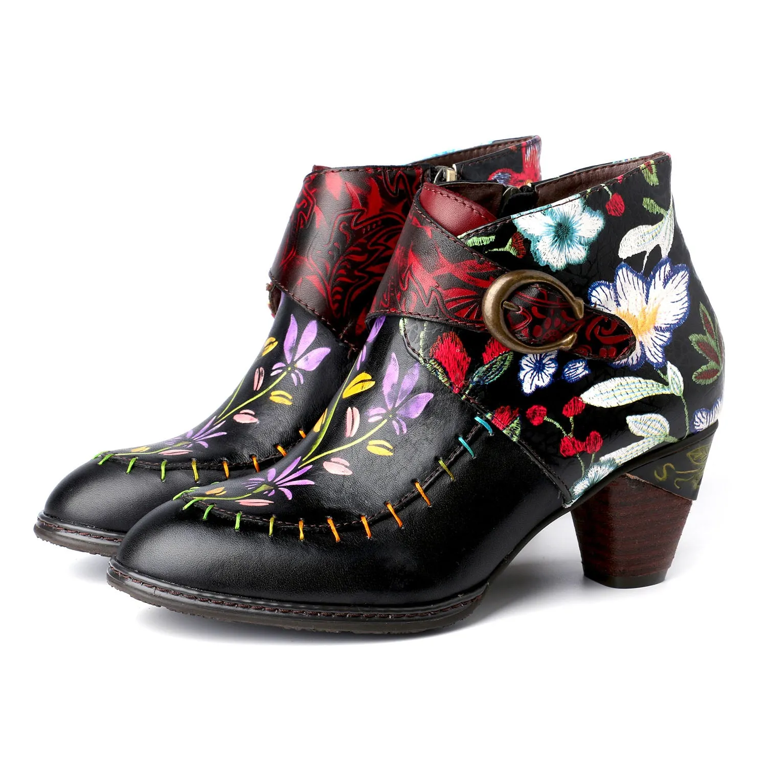 Handmade Painted Flower Genuine Leather Elegant Ankle Boots sold by superladystar