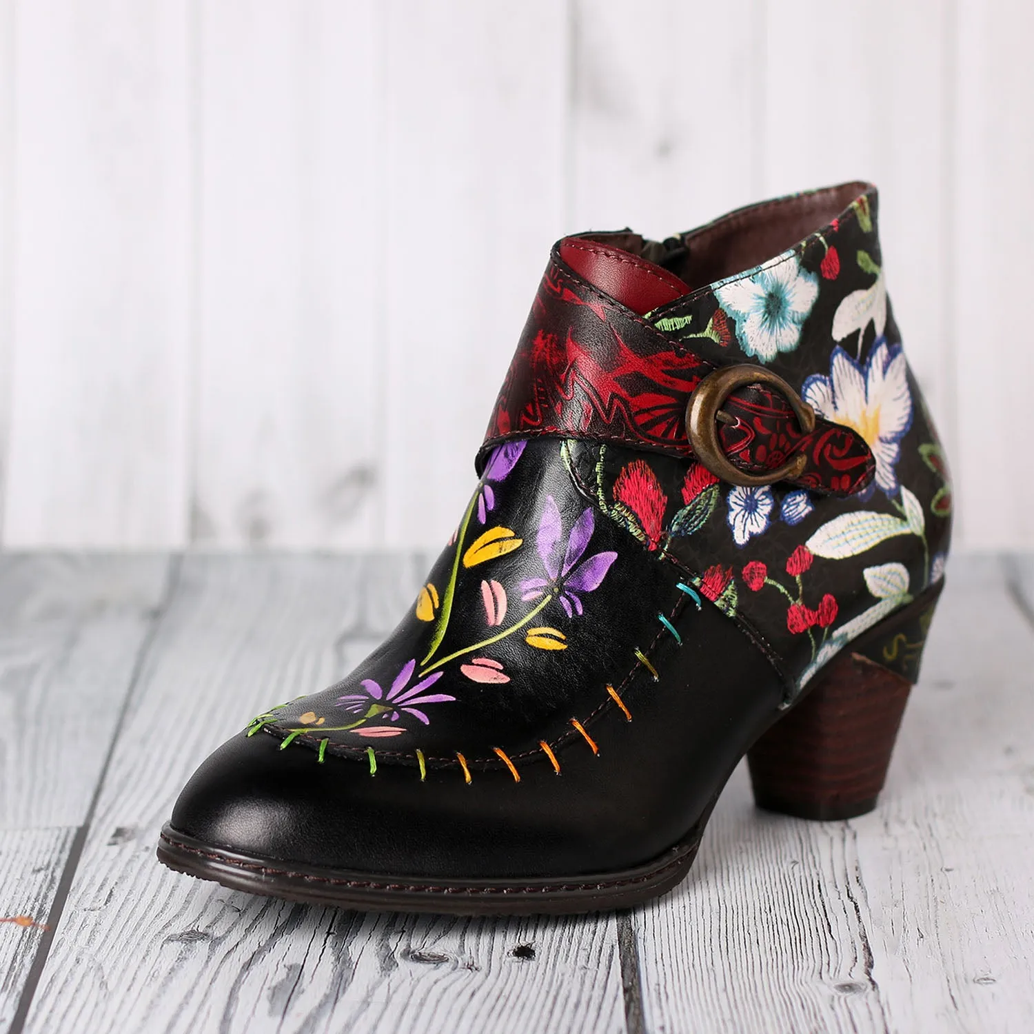 Handmade Painted Flower Genuine Leather Elegant Ankle Boots sold by superladystar product image thumbnail 5