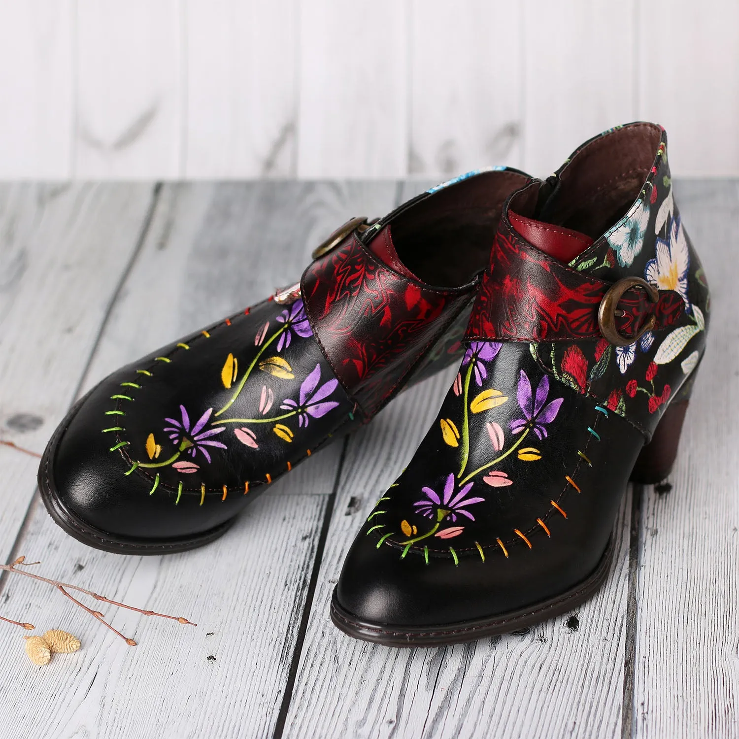 Handmade Painted Flower Genuine Leather Elegant Ankle Boots sold by superladystar product image thumbnail 4