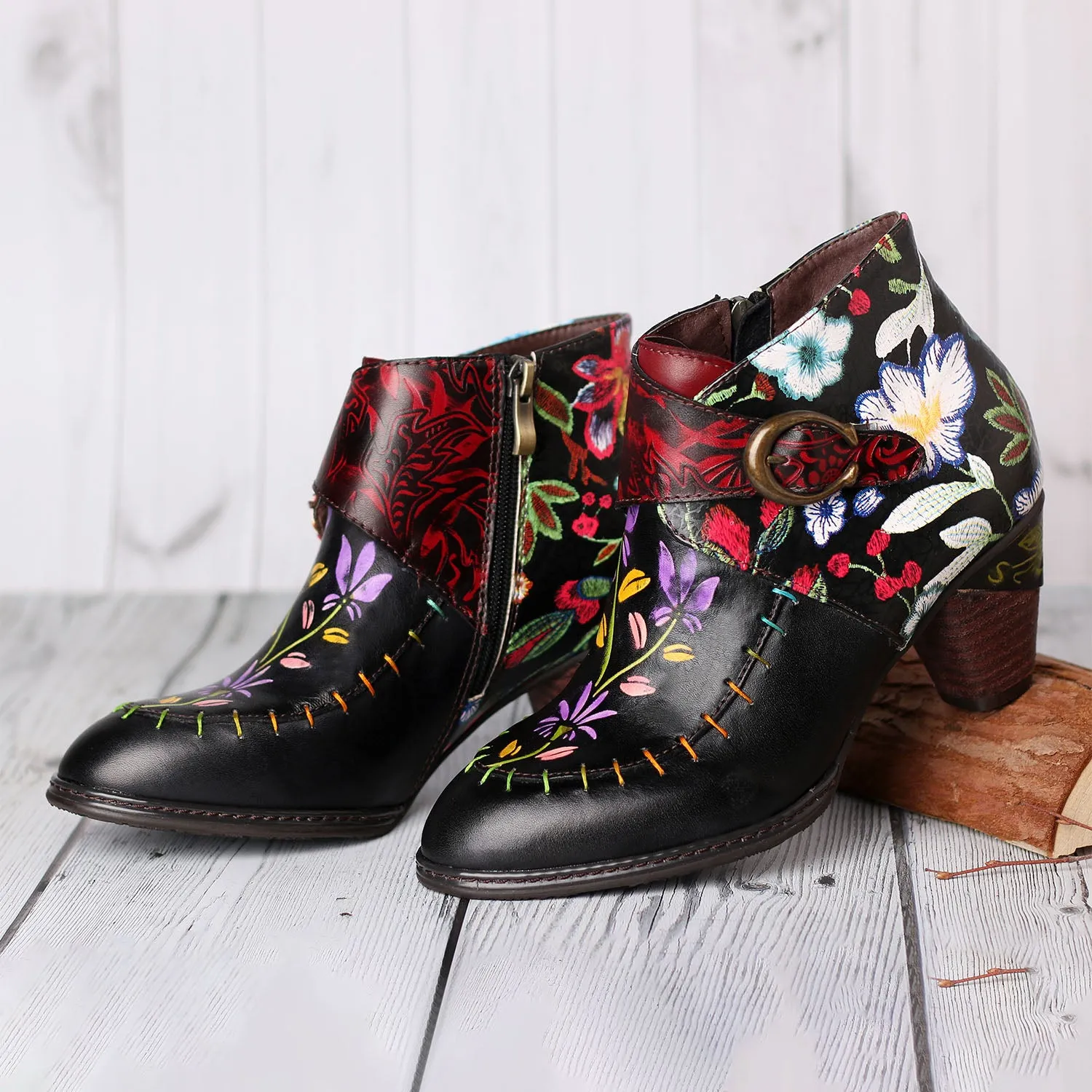 Handmade Painted Flower Genuine Leather Elegant Ankle Boots sold by superladystar product image thumbnail 3