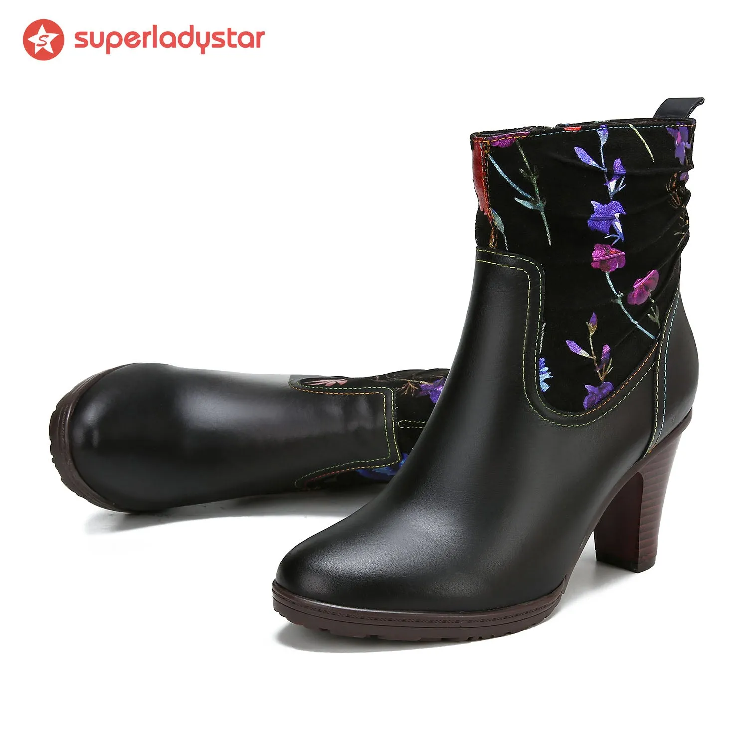 Hand Painted Leather Patchwork Ankle Boots sold by superladystar product image thumbnail 3