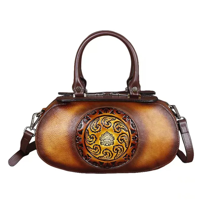 Vintage Embossed Leather Handmade Oval Handbag Messenger Bag sold by superladystar