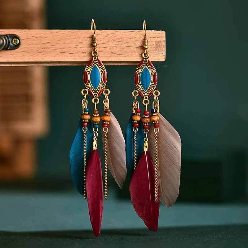 Retro Fringed Bohemian Feather Earrings sold by superladystar