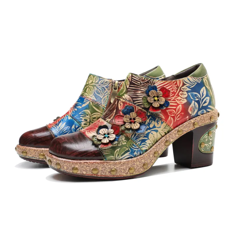 Retro Floral Handmade Rivet Comfort Block Heel Pumps sold by superladystar