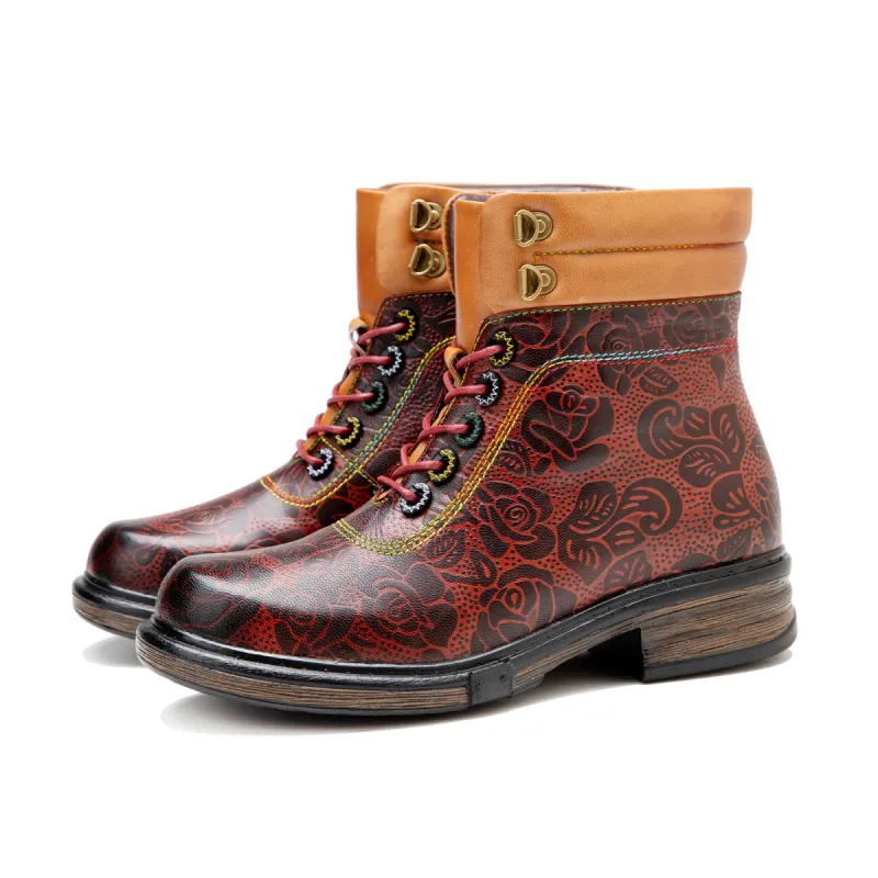 Retro Flower Embossed Chunky Heel Ankle Boots sold by superladystar
