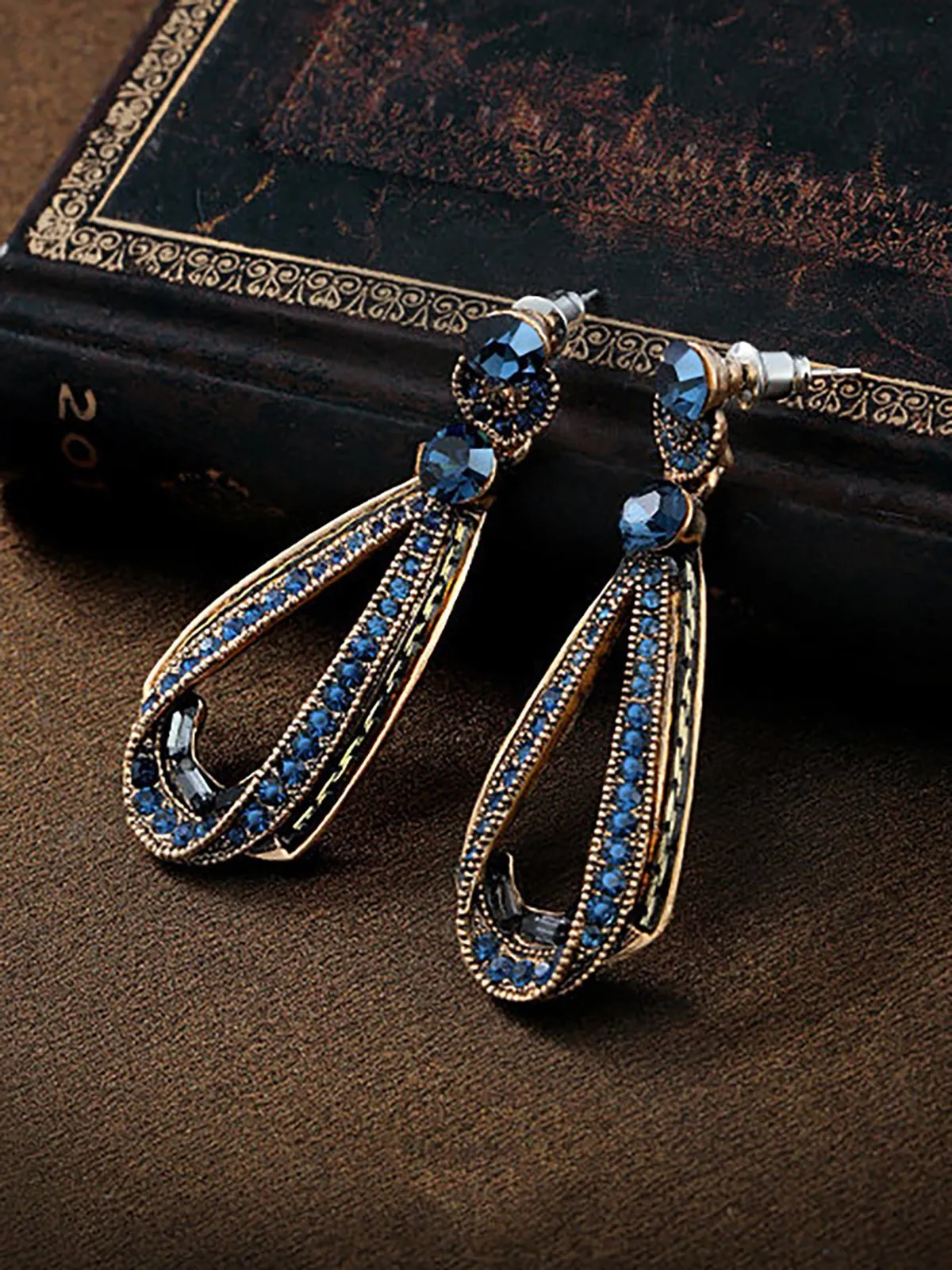Women's Vintage Luxury Earrings Hollow Sapphire Dangle Gold Drop Sharp Rhinestones Earrings sold by superladystar product image thumbnail 3