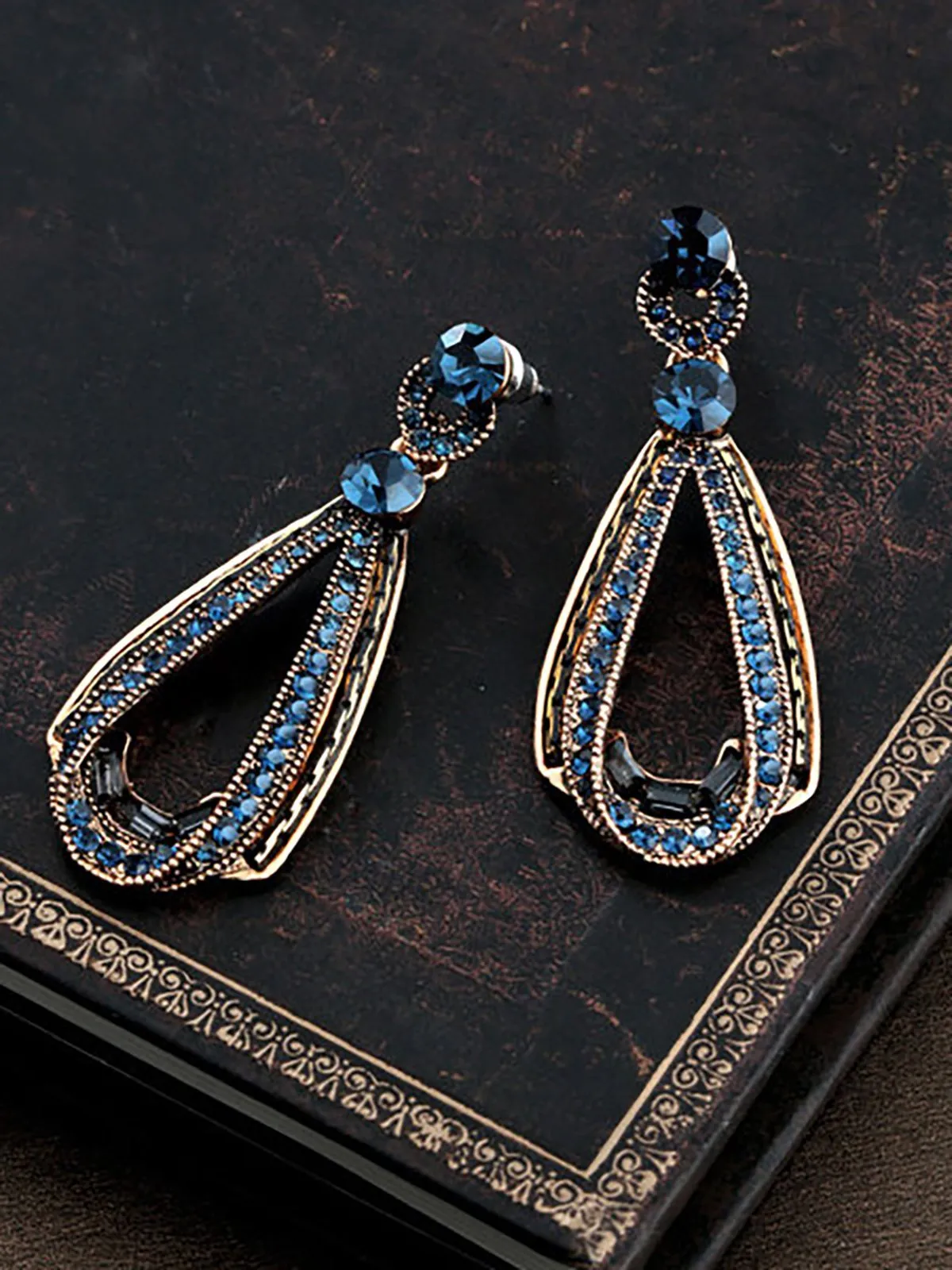 Women's Vintage Luxury Earrings Hollow Sapphire Dangle Gold Drop Sharp Rhinestones Earrings sold by superladystar product image thumbnail 4