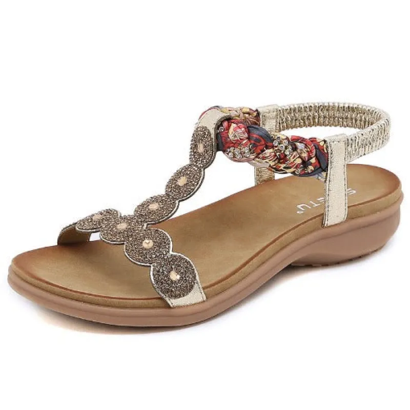 Bohemian Rhinestone Comfortable Round Toe Beach Vacation Sandals sold by superladystar