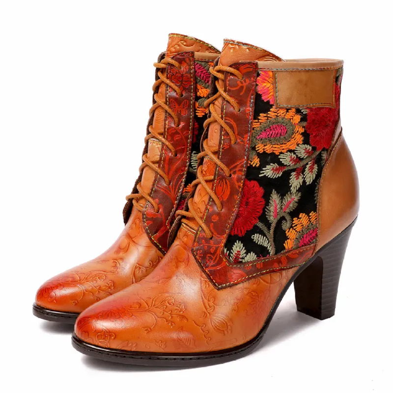 Retro Hand Embroidered Leather Stitched High Heels sold by superladystar