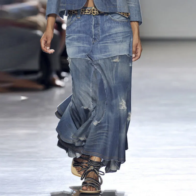 Large Size Patchwork Irregular Denim Skirt sold by superladystar