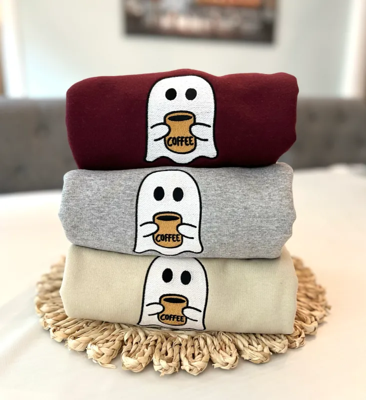 Cute Ghost with Coffee Halloween Sweatshirt sold by Peach Marketplace