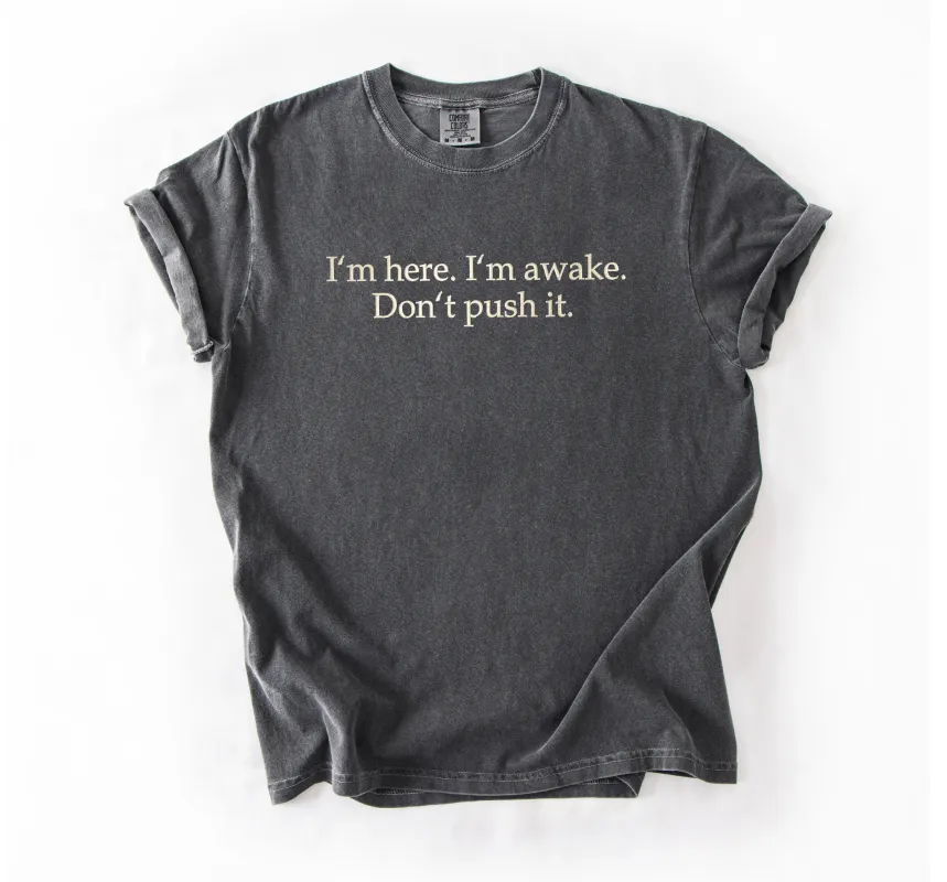 I'm Here. I'm Awake. Don't Push It. Embroidered T-shirt sold by Peach Marketplace