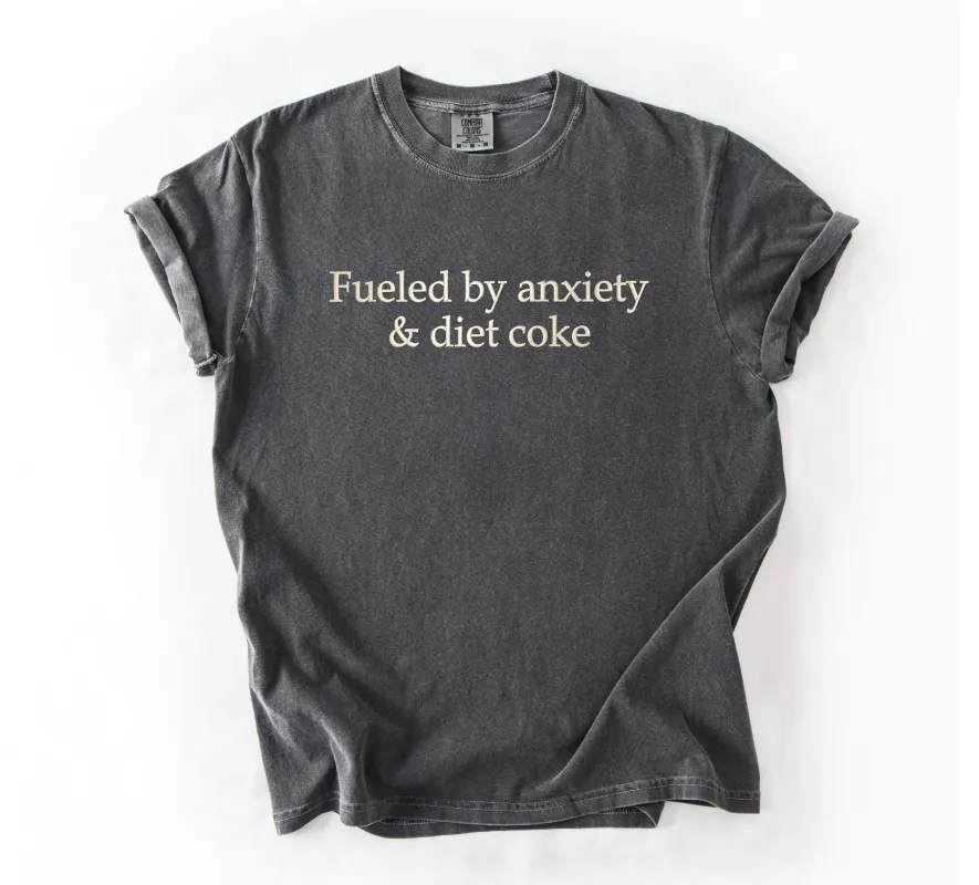 Fueled By Anxiety and Diet Coke Embroidered T-Shirt sold by Peach Marketplace