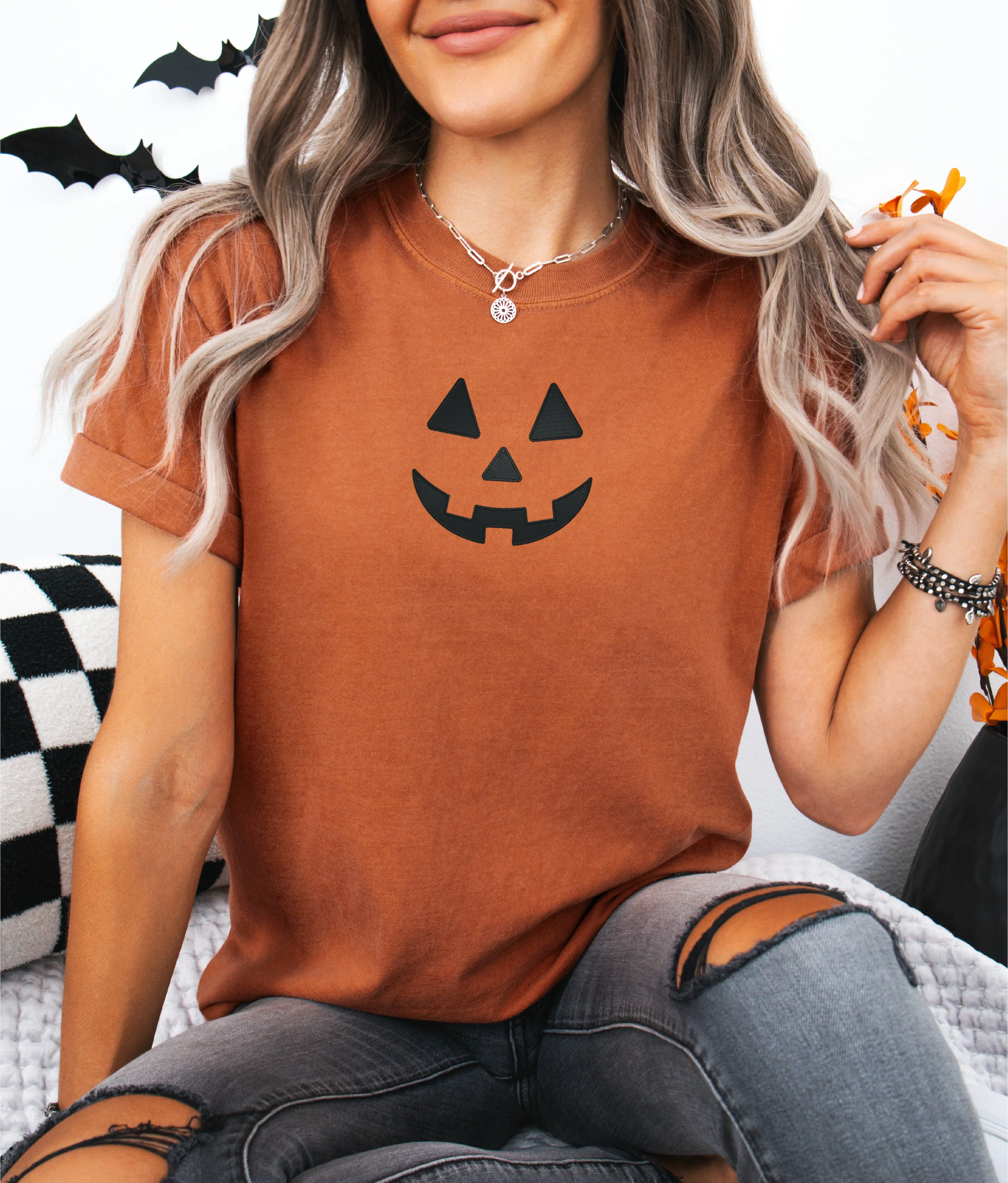 Cute Pumpkin Face Embroidered T-shirt sold by Peach Marketplace product image thumbnail 2