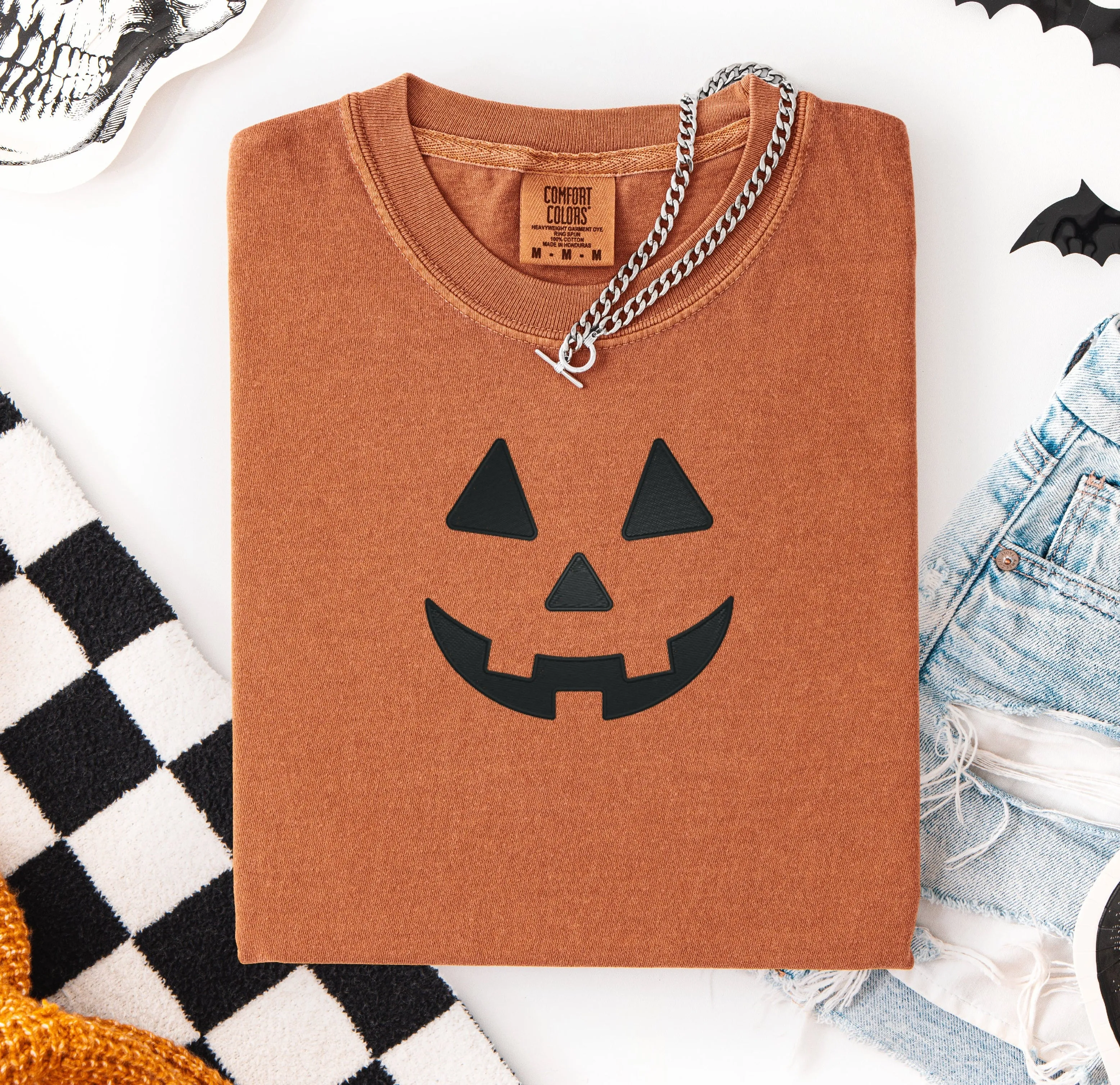 Cute Pumpkin Face Embroidered T-shirt sold by Peach Marketplace