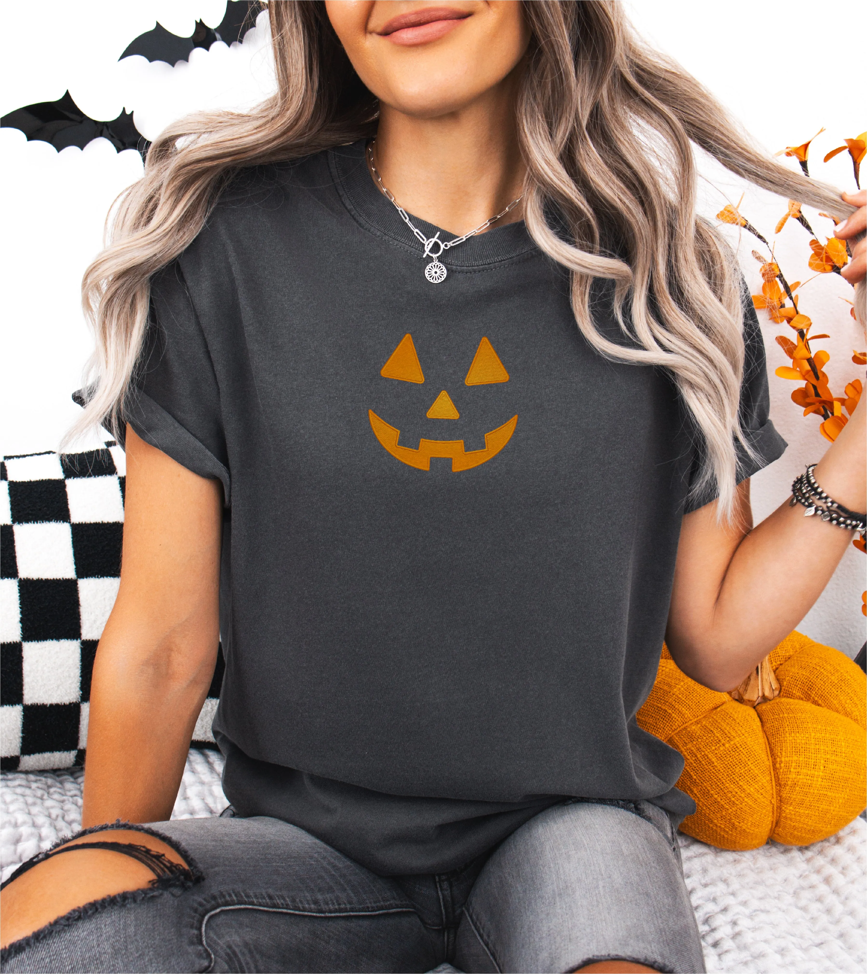 Cute Pumpkin Face Embroidered T-shirt sold by Peach Marketplace product image thumbnail 4