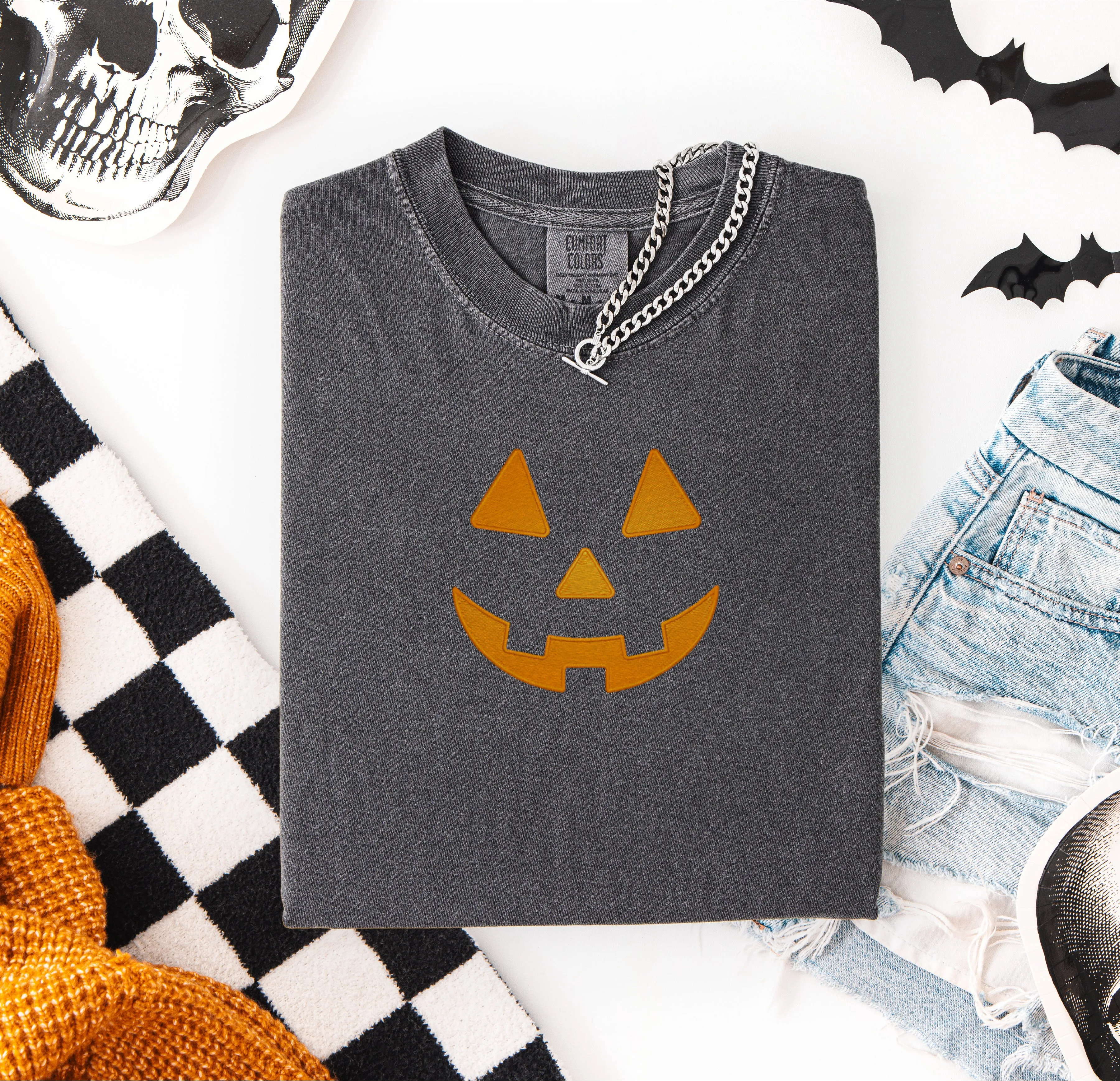 Cute Pumpkin Face Embroidered T-shirt sold by Peach Marketplace product image thumbnail 3