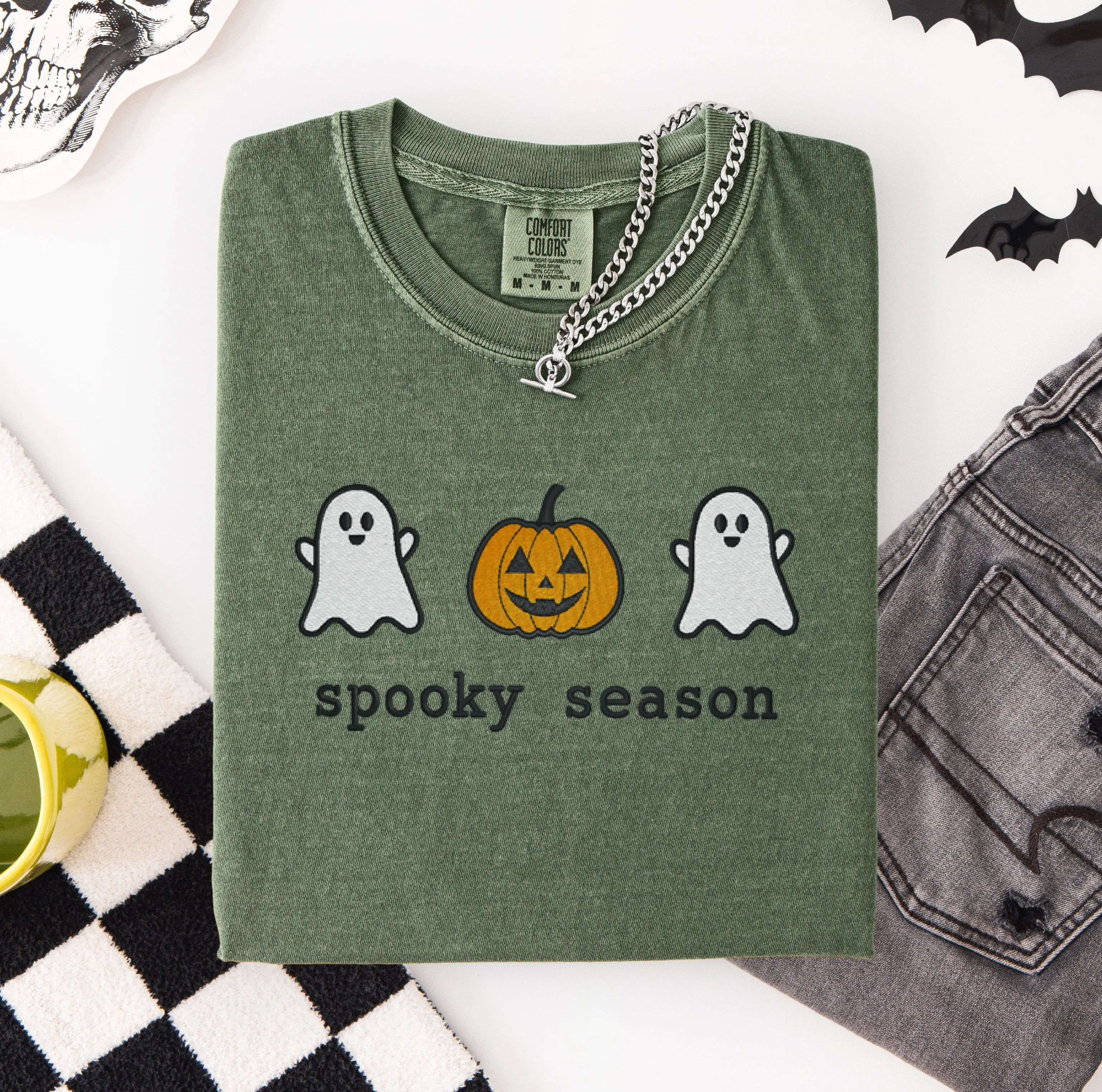 Spooky Season Ghost and Pumpkin Embroidered T-shirt sold by Peach Marketplace