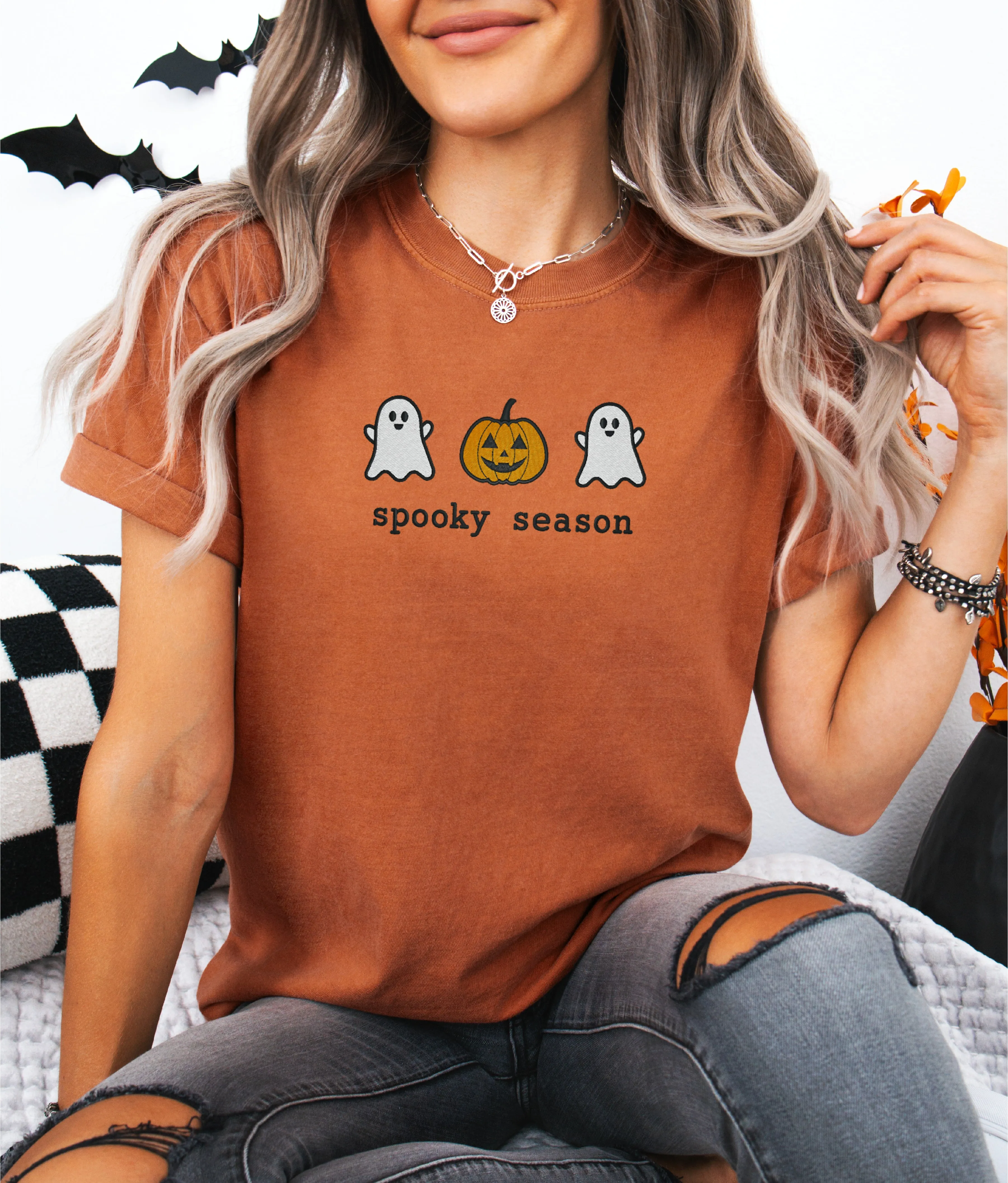 Spooky Season Ghost and Pumpkin Embroidered T-shirt sold by Peach Marketplace product image thumbnail 3