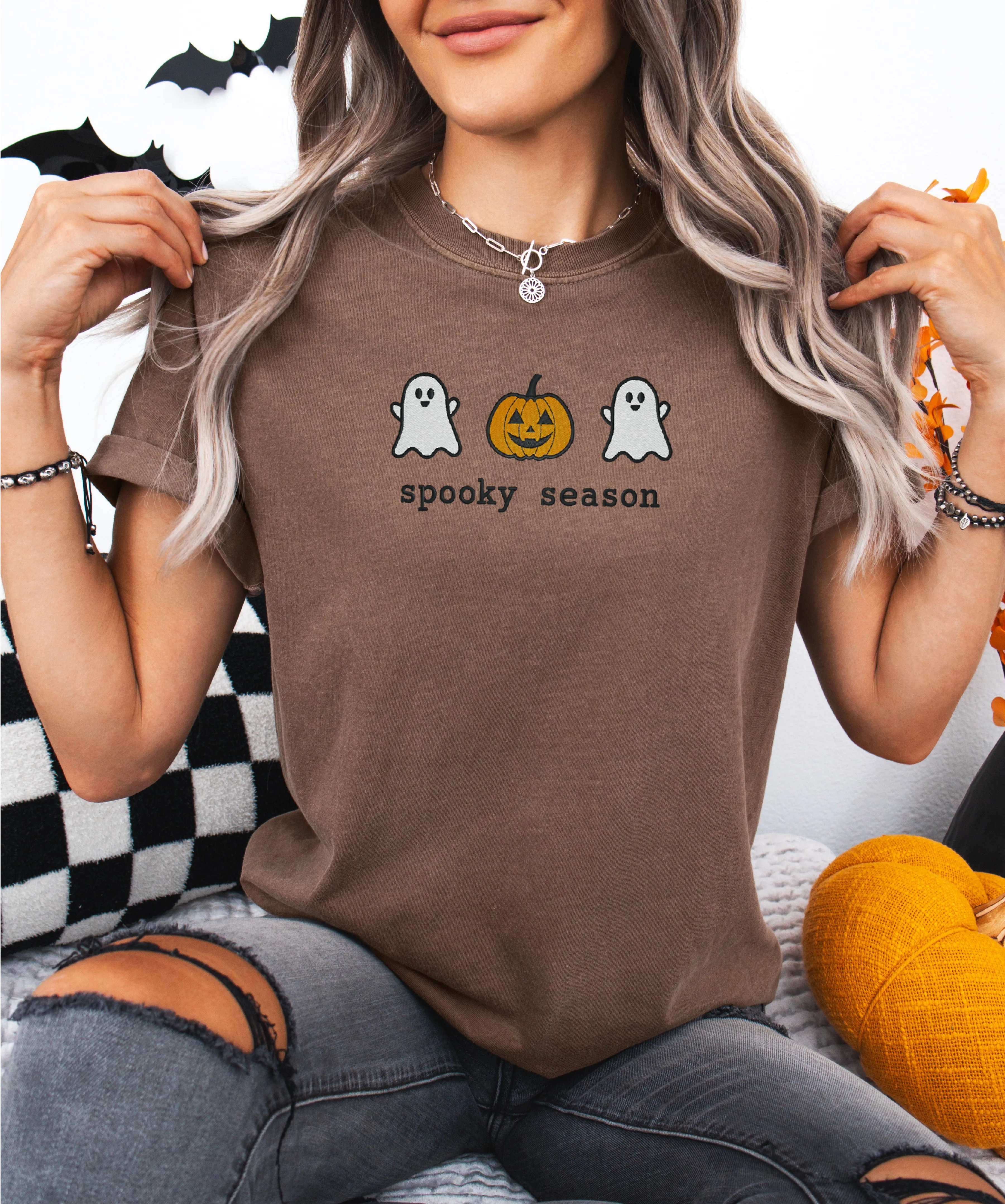 Spooky Season Ghost and Pumpkin Embroidered T-shirt sold by Peach Marketplace product image thumbnail 4
