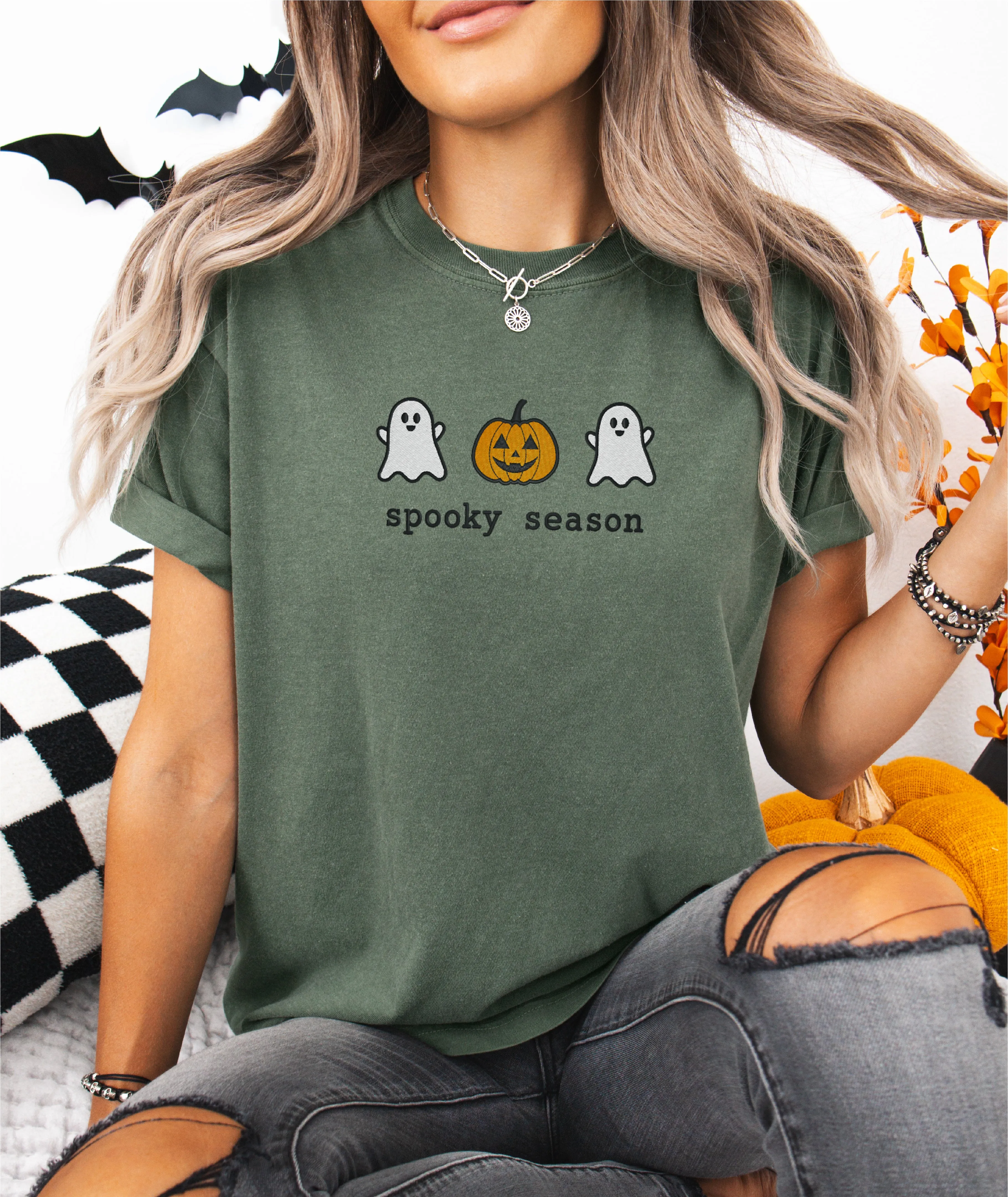 Spooky Season Ghost and Pumpkin Embroidered T-shirt sold by Peach Marketplace product image thumbnail 2