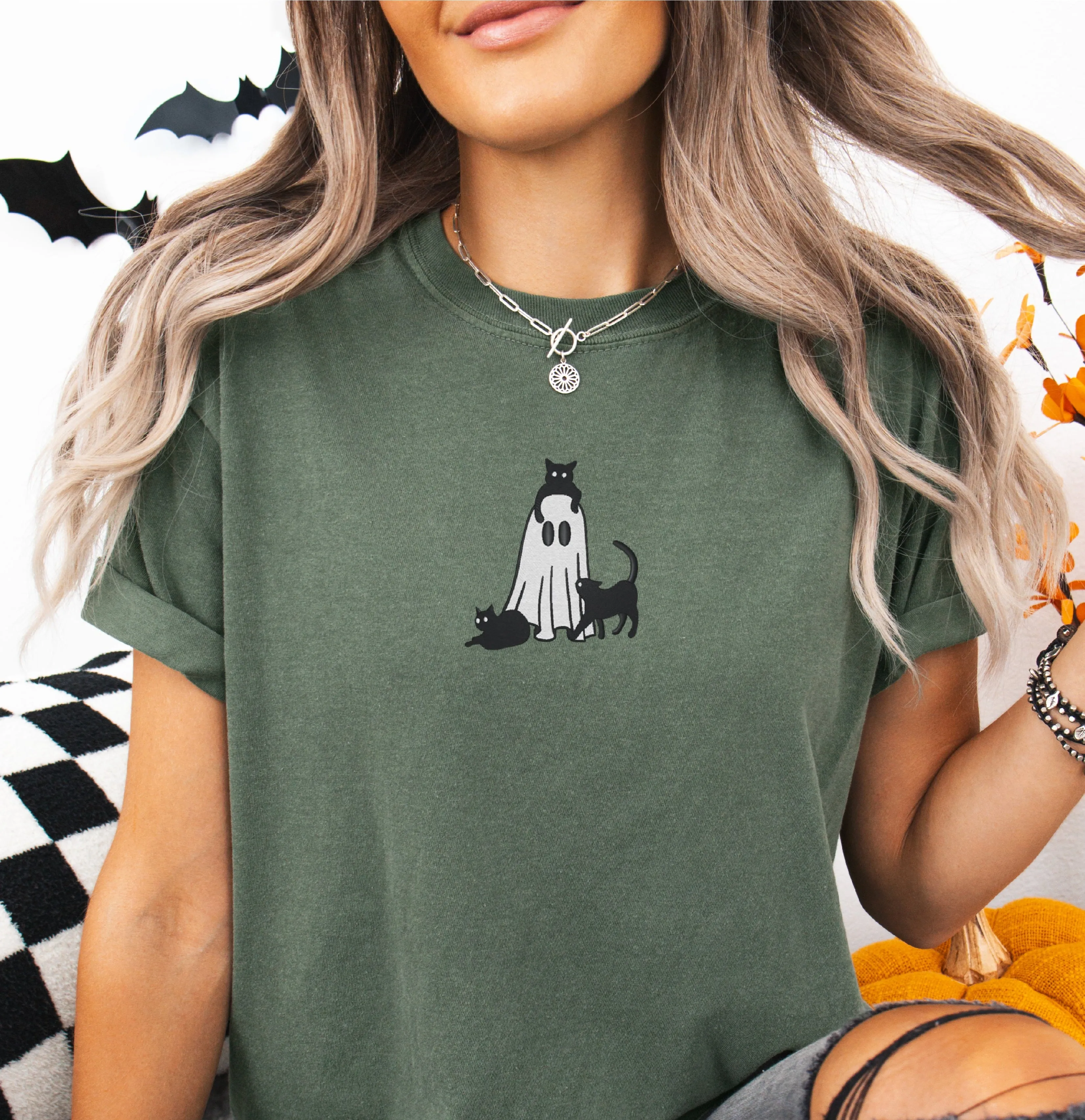 Ghost with Cats Embroidered T-shirt sold by Peach Marketplace