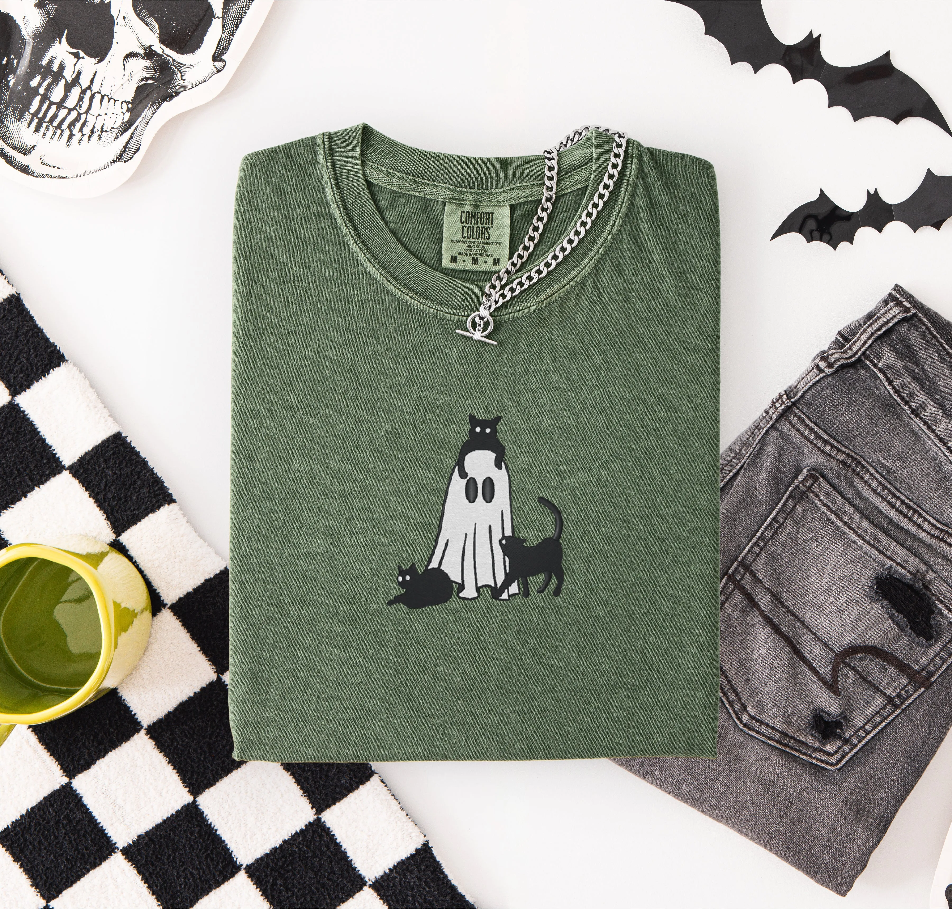Ghost with Cats Embroidered T-shirt sold by Peach Marketplace product image thumbnail 5