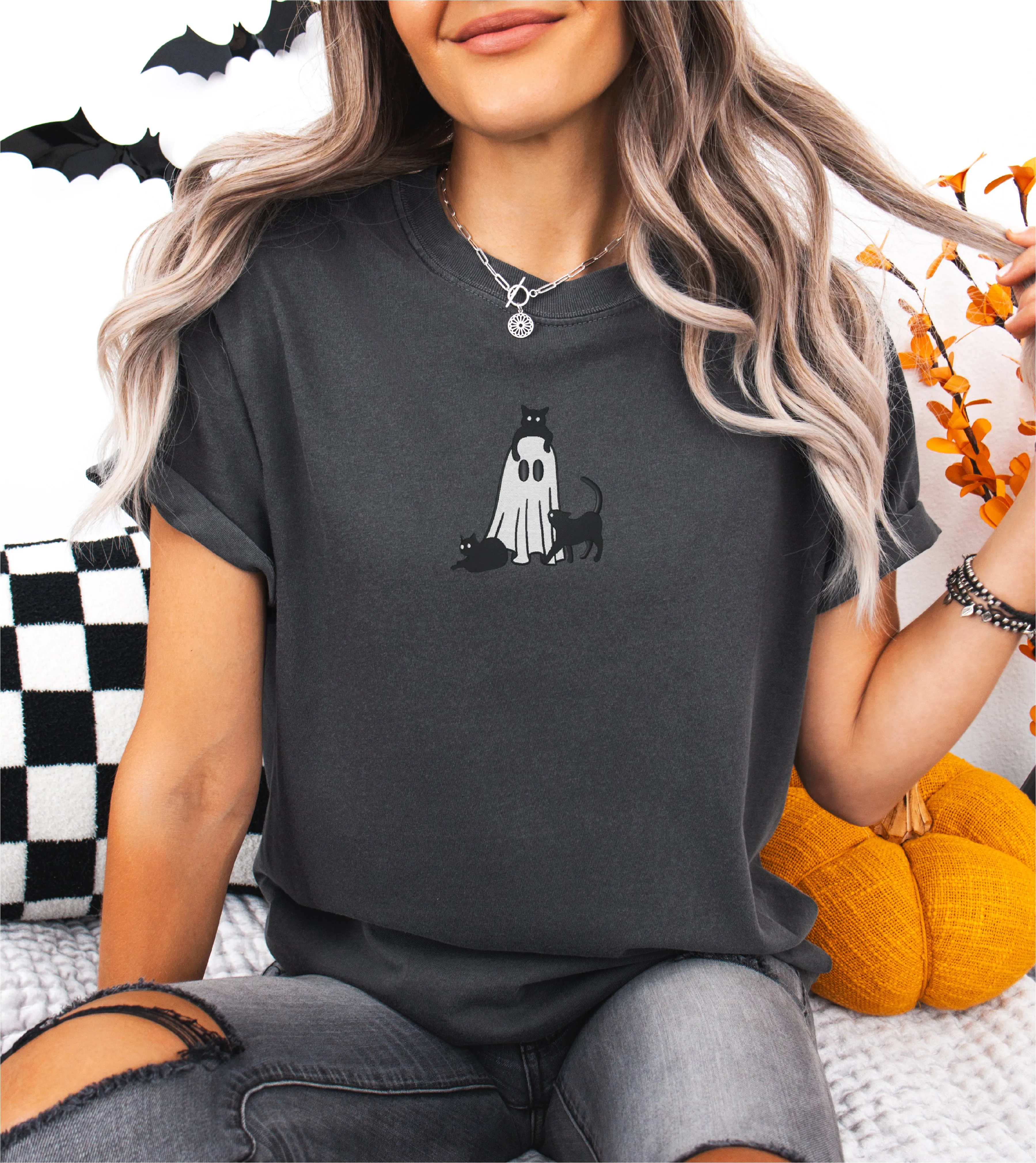 Ghost with Cats Embroidered T-shirt sold by Peach Marketplace product image thumbnail 4