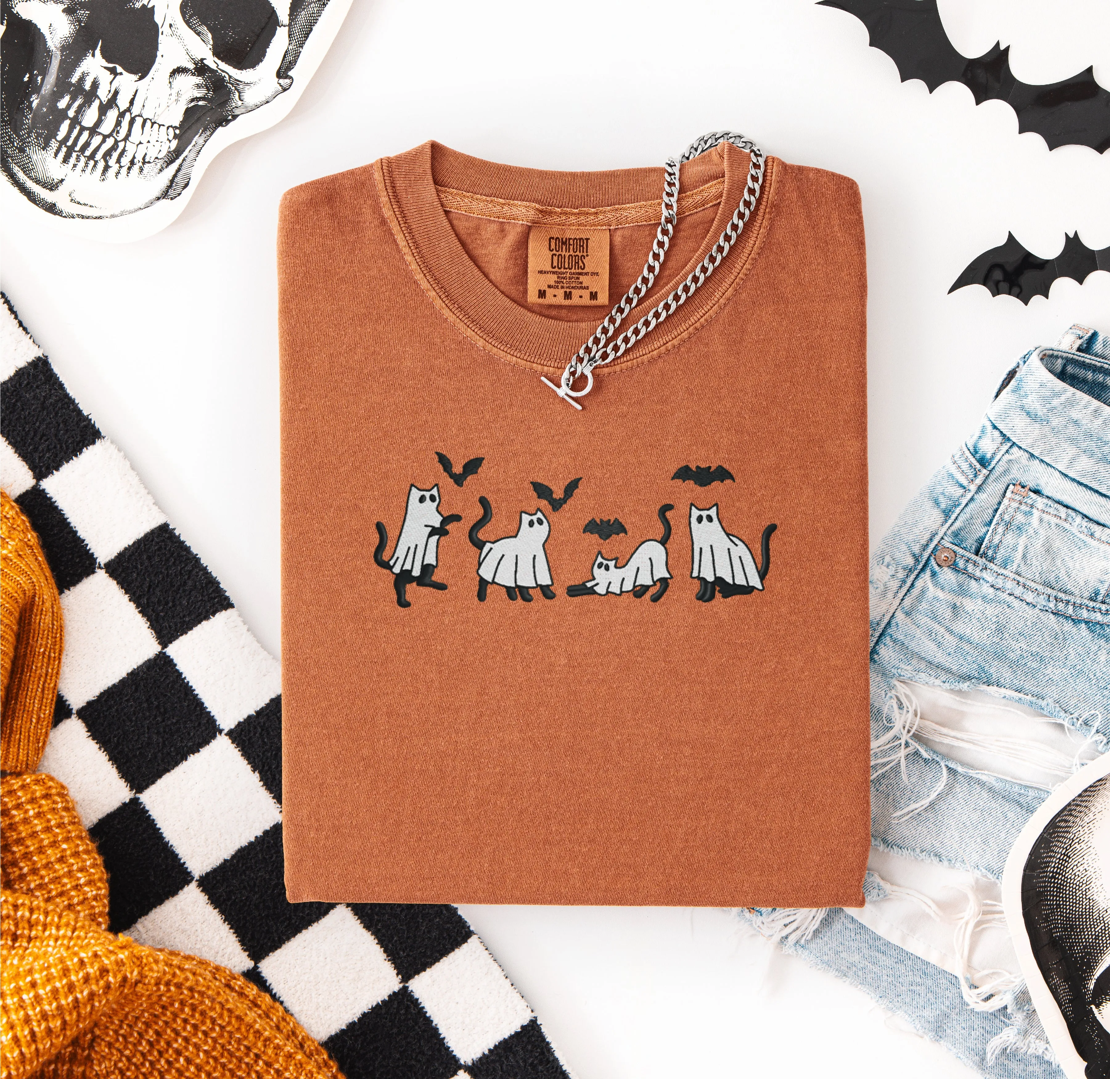 Ghost Cats and Bats Embroidered T-shirt sold by Peach Marketplace product image thumbnail 2