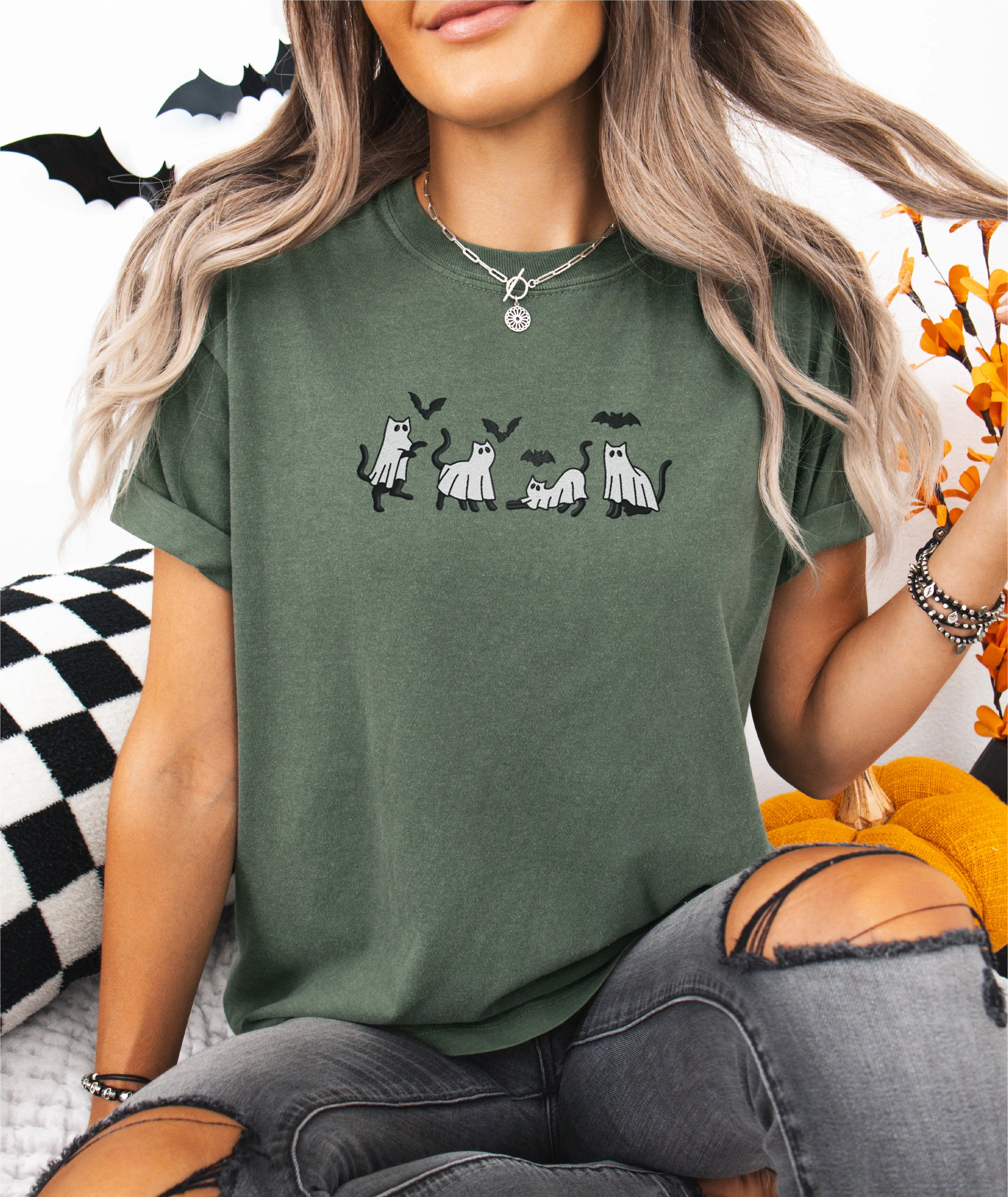 Ghost Cats and Bats Embroidered T-shirt sold by Peach Marketplace product image thumbnail 4