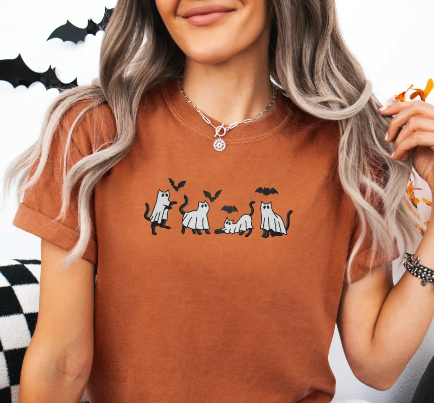Ghost Cats and Bats Embroidered T-shirt sold by Peach Marketplace