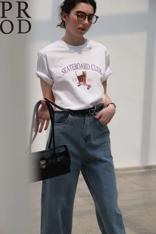 1986 Skateboard Club - Cat Basic Short Sleeve T-Shirt / White sold by PROD Bldg