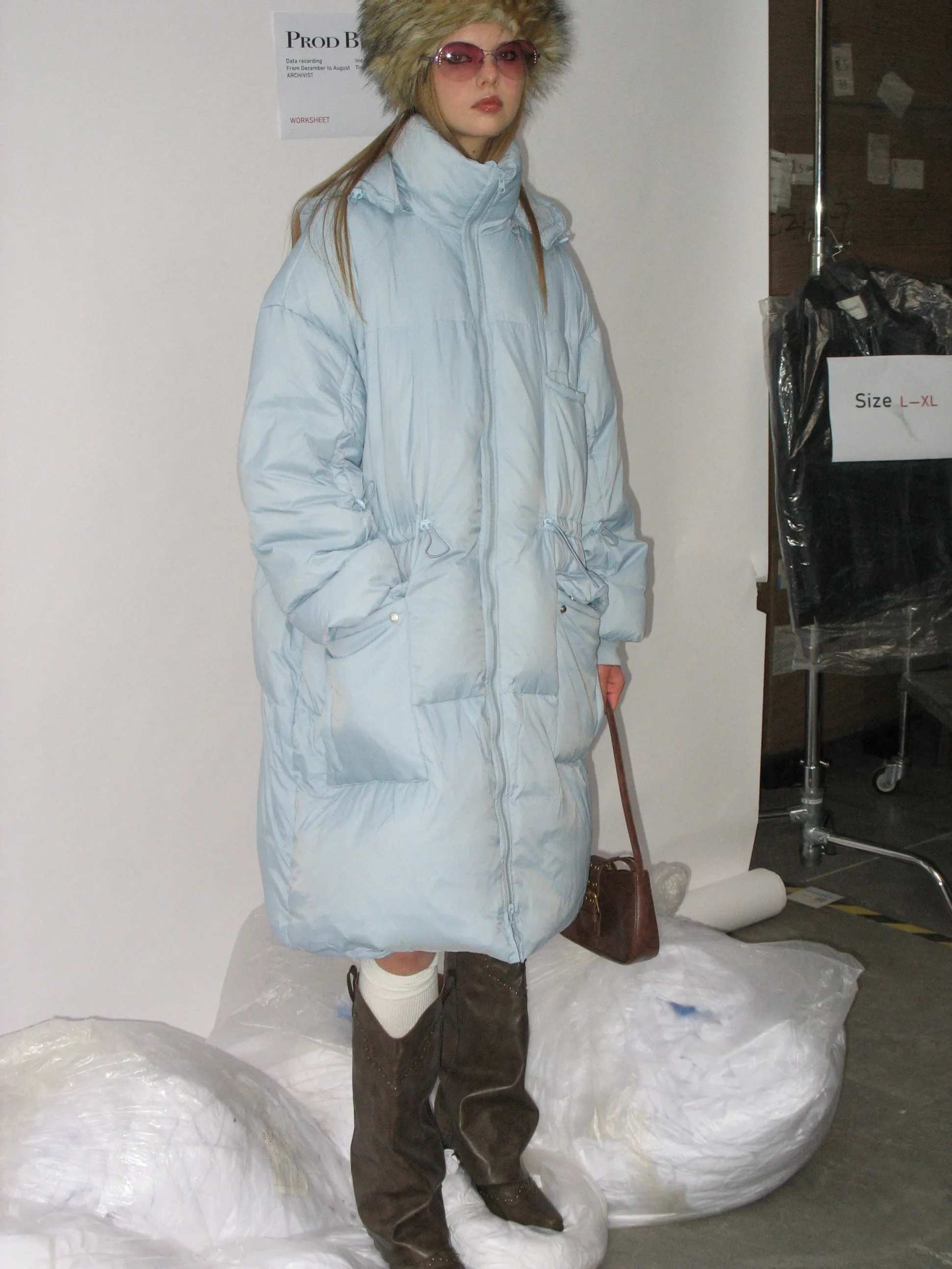 Light Blue Hooded Long Down Jacket sold by PROD Bldg