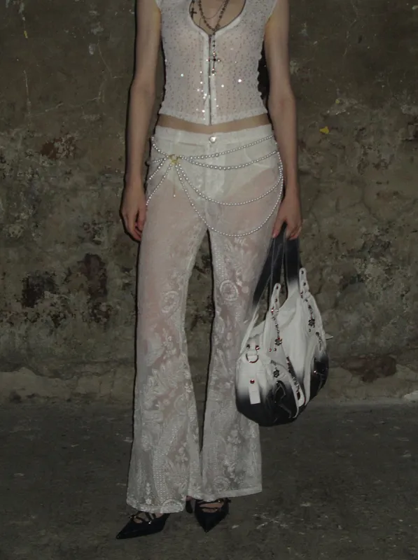 Velvet-flocked Semi-sheer Trousers /White sold by PROD Bldg