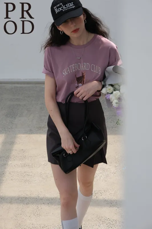 1986 Skateboard Club - Cat Graphic Basic Short Sleeve T-Shirt / Mauve sold by PROD Bldg