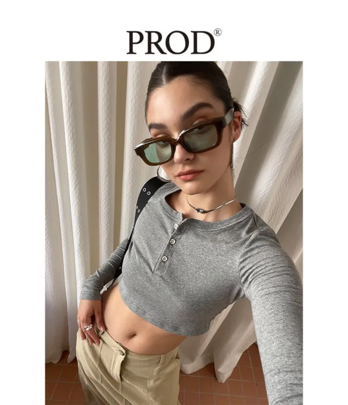 Henley Crop Top Long Sleeve / Gray sold by PROD Bldg