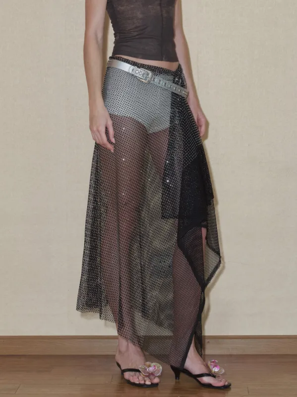 Sheer Diamante Fishnet Midi Skirt With Belt sold by PROD Bldg