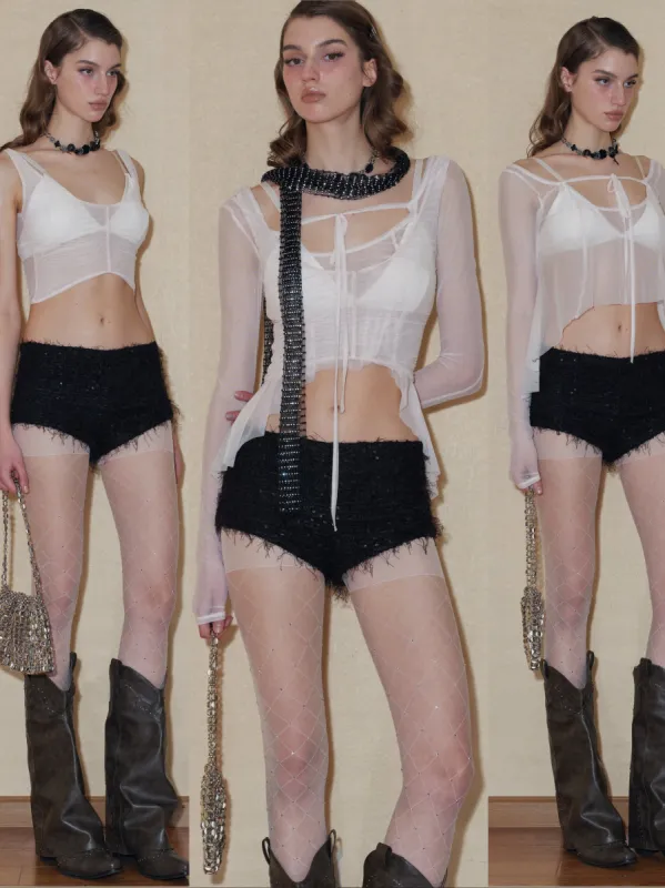 Two Pieces Set Sheer Tulle Lace-up Tops sold by PROD Bldg