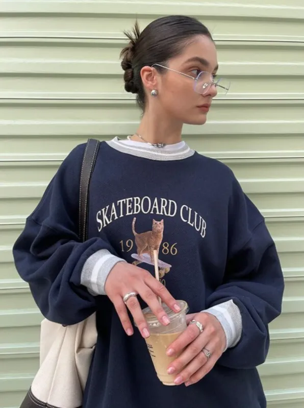 Loose Fit 1986 Skateboard Club Crewneck Sweatshirt / Navy Blue sold by PROD Bldg