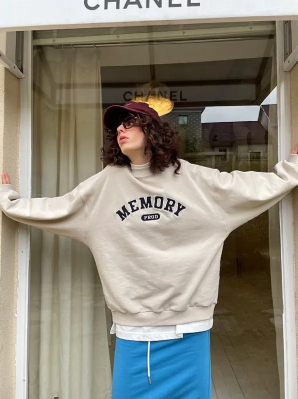 Loose Fit Memory Letters Embroidered Crewneck Sweatshirt / Beige sold by PROD Bldg