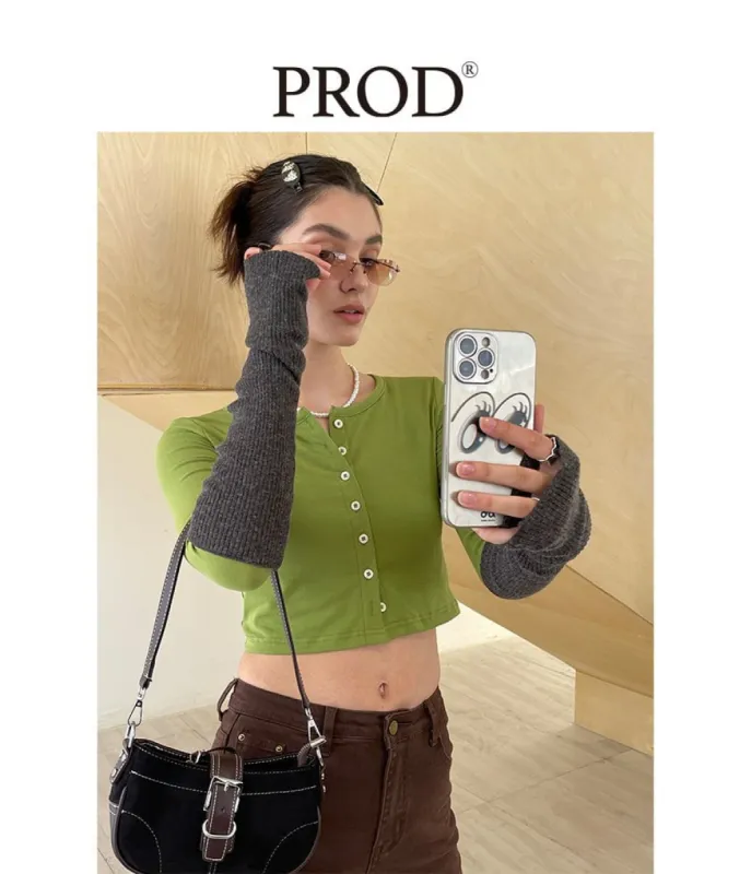 Button Down Crop Top Long Sleeve / Green sold by PROD Bldg