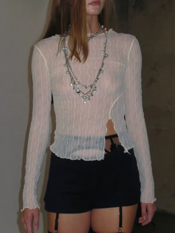 French Jewel Neck Mesh Long Sleeve/ Apricot sold by PROD Bldg