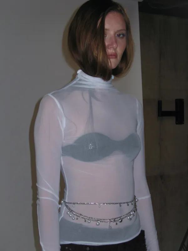 High Neck Mesh Wrap Top/ White sold by PROD Bldg