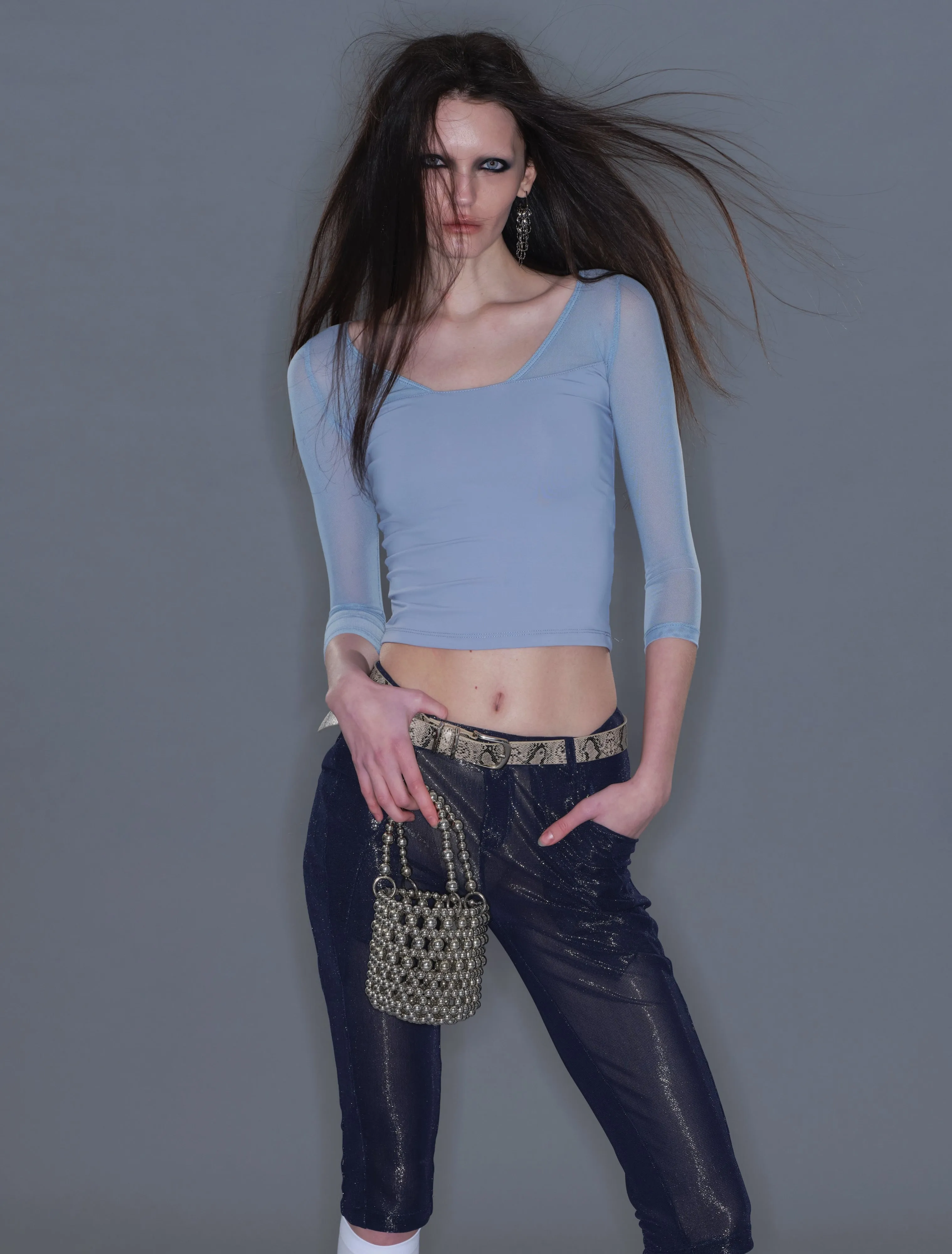 Fitted Mesh Crew Neck Long Sleeve Top/ Gray-blue sold by PROD Bldg product image thumbnail 2