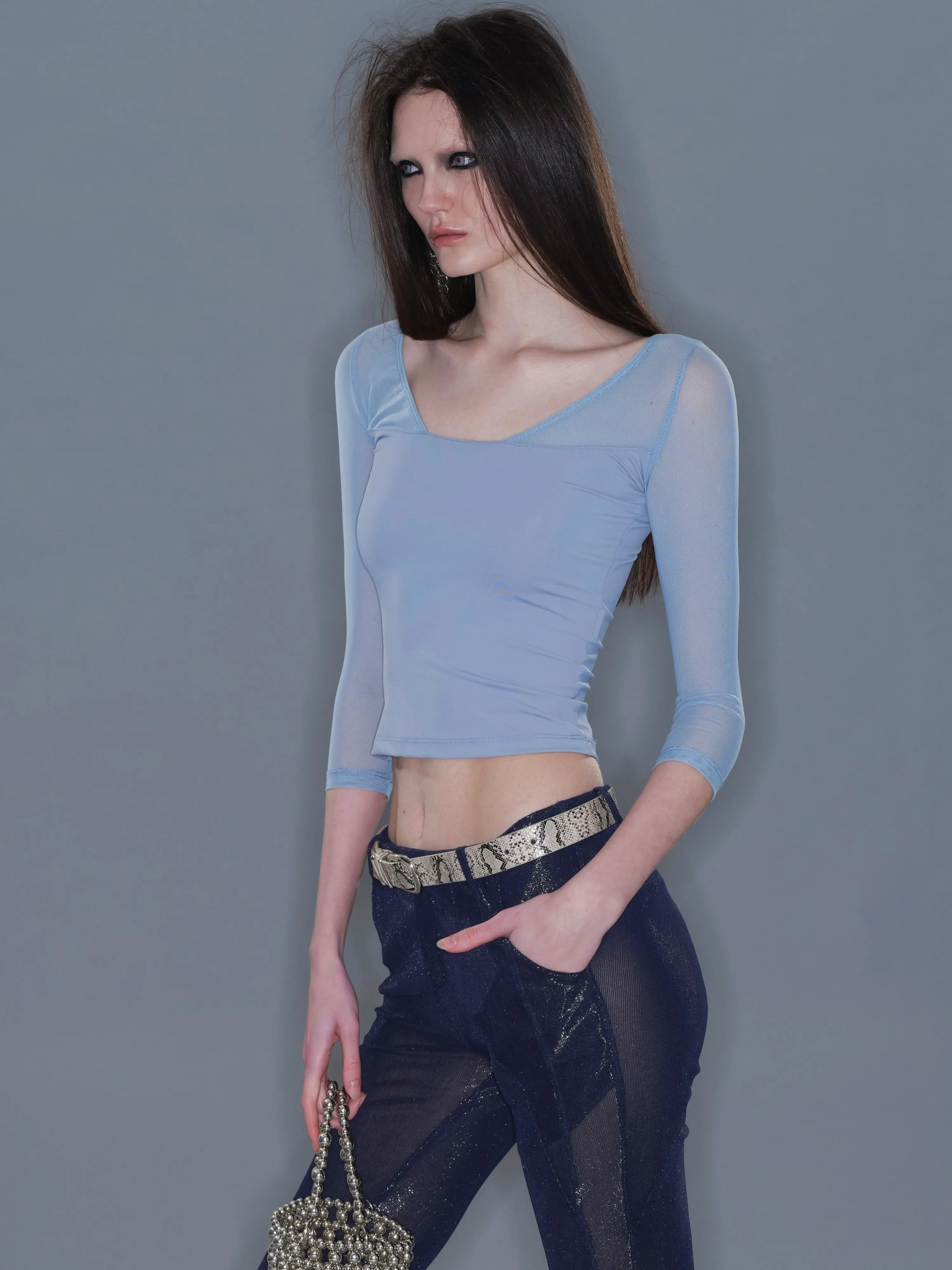 Fitted Mesh Crew Neck Long Sleeve Top/ Gray-blue sold by PROD Bldg product image thumbnail 4